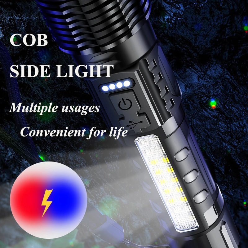 Kdulit lanterna multimodo de alta potência, luz de exibição de energia tática de emergência p70/g50 18650 recarregável embutida t6 + tocha cob